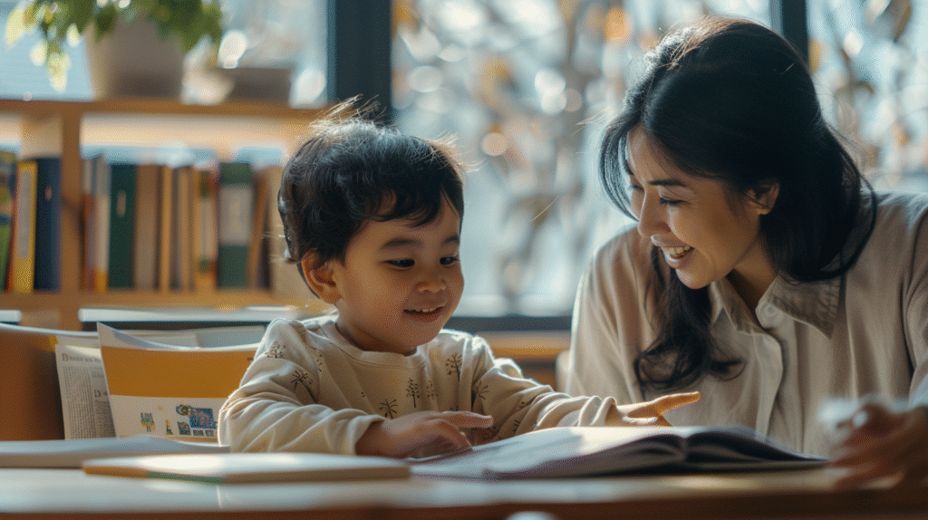 English tutor supporting a student during a one to one tutoring session. Primary age student focusing on structured literacy work. Child concentrating on guided learning activity