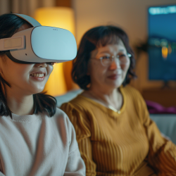Asian teenage girl wearing a white VR headset, smiling as she experiences a virtual tour, seated on a sofa in a cozy living room beside her mother, who watches proudly and supportively.